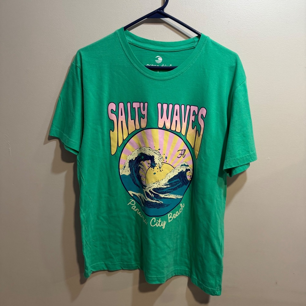 Ocean Drive Salty Waves Panama City Beach Green Graphic Tee Shirt Large LA11284‎